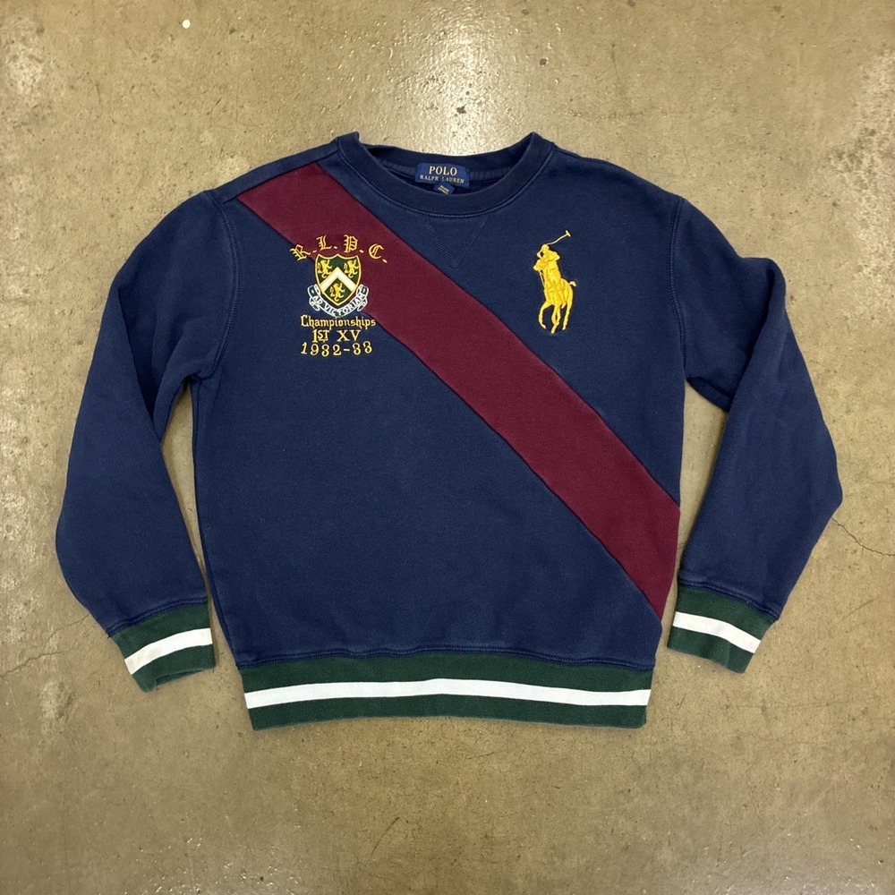 Polo Ralph Lauren Sweatshirt Boys M 10-12 Navy Crest Big Pony Stripe Crewneck!